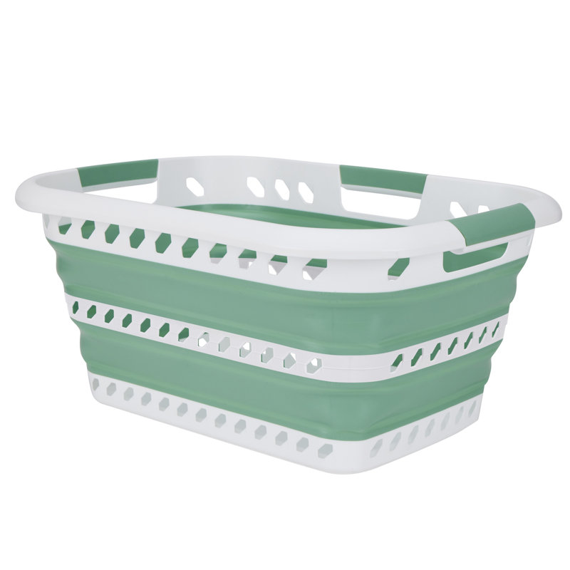  Collapsible Laundry Basket in White/Sage, White