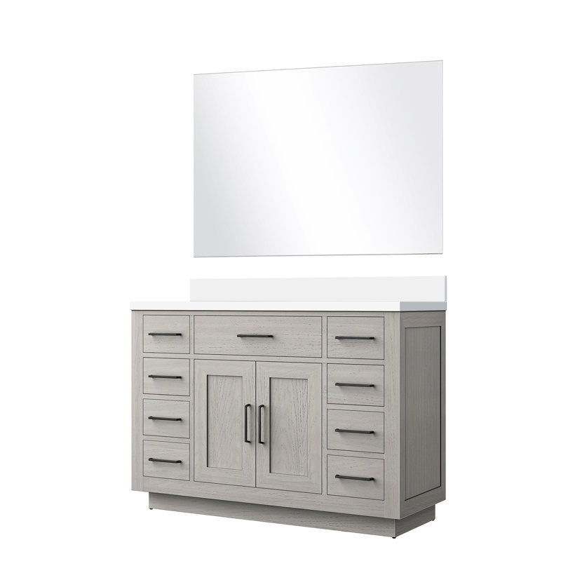 Meuble-lavabo simple en chêne blanc avec plateau en quartz, 43 miroirs, mécanisme de fermeture en douceur et armoire en chêne, surface, miroir en bois massif