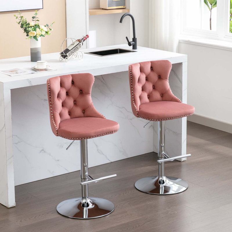 Tabourets de bar pivotants en velours à hauteur réglable de 25 à 33 pouces, tabourets de bar modernes à base chromée et capitonnés
