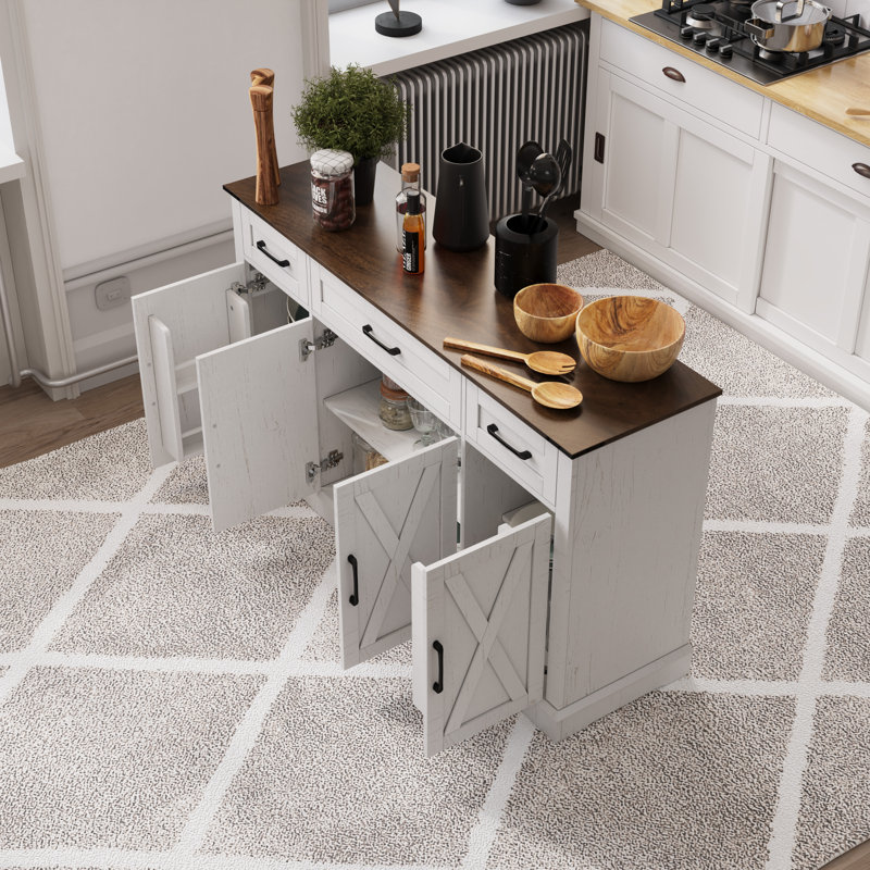Buffet Farmhouse avec tiroirs et tablettes réglables, Blanc