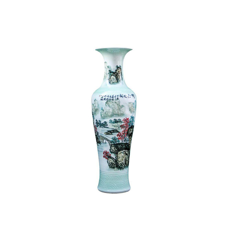 62.99"Jingdezhen hand-painted blue-and-white landscape floor-standing large vase decoration piece