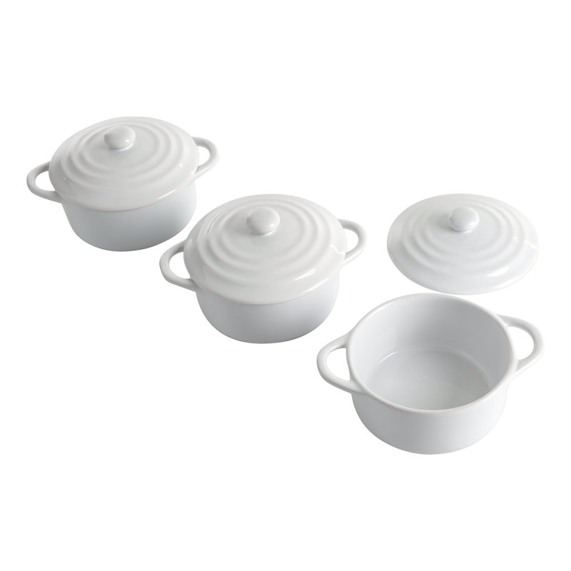 Martha Stewart Stoneware Oval Mini Casserole Set with Lids, 6.38" x 4.5", White