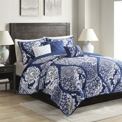 Courtepointe indigo pour lit double / grand, 6 pièces, coton imprimé, design détaillé, chambre chaude et confortable, pièces, motif complexe, mélange de coton, détails à bride, garantie de qualité