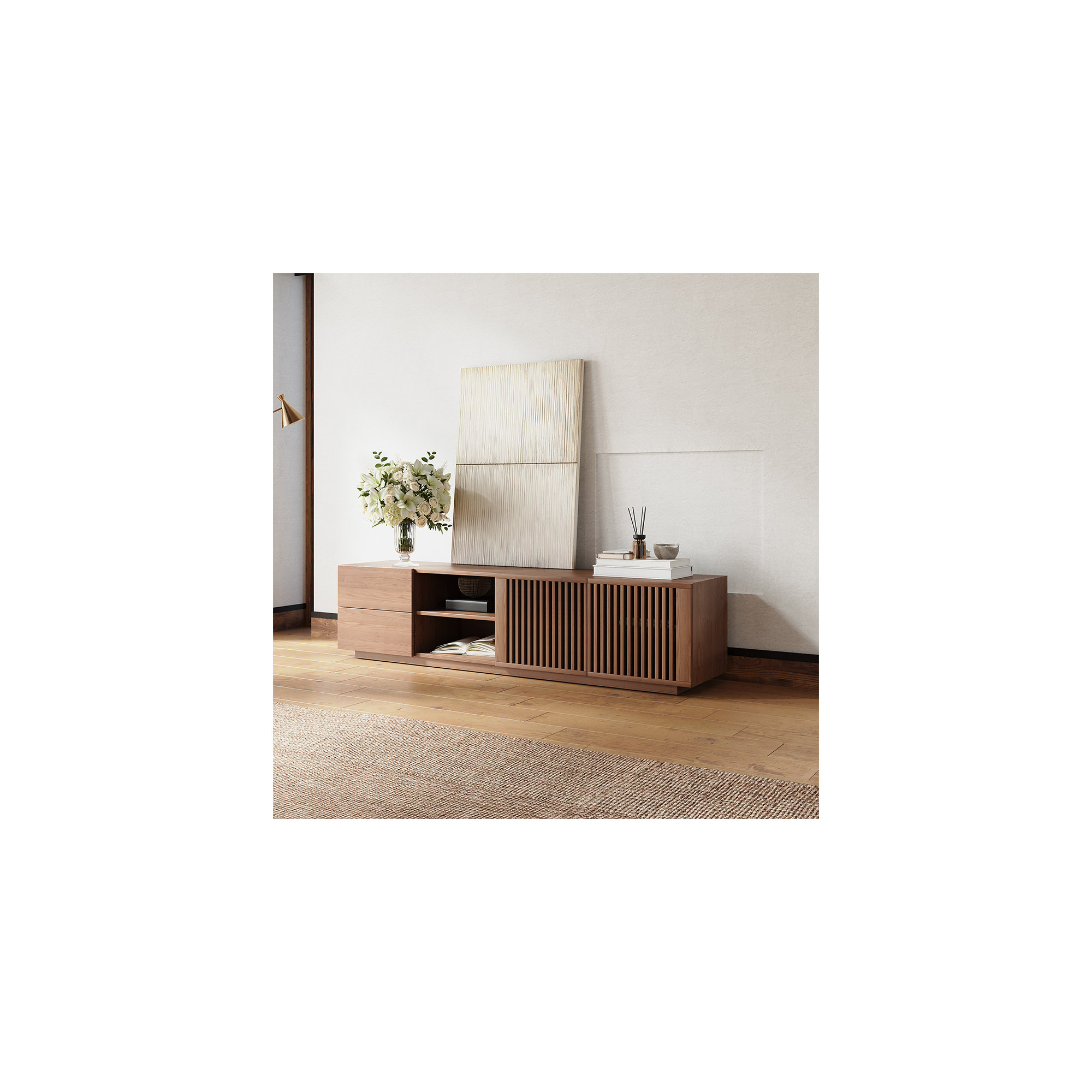 Mid-Century Modern TV Stand, Louvered Wood Entertainment Center With Slatted Doors, Open Storage,70.87"