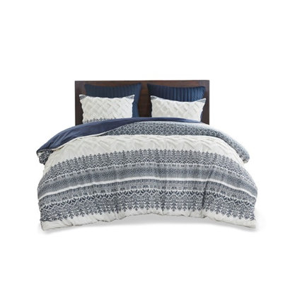 Farmhouse Cotton Bedding Set With Tufted Chevron Design, Soft 3-piece Duvet Cover For Queen/full