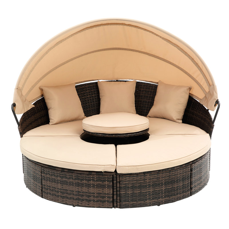 Lit à baldaquin avec cadre noir: lit de jour rond avec coussins confortables Lit rond: housses de coussin amovibles, Beige