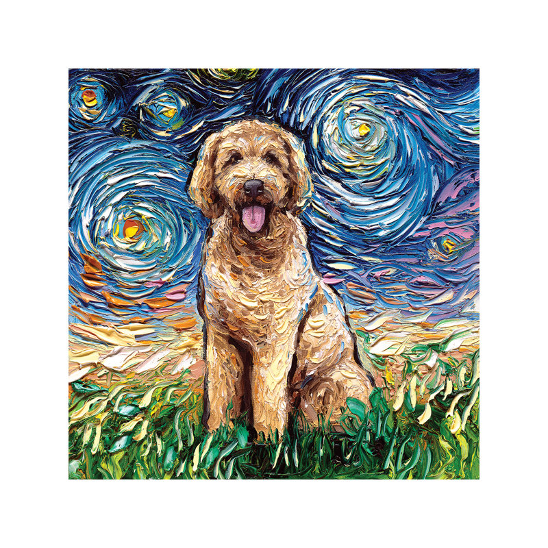 Goldendoodle Night by Aja Trier - Painting on Canvas, 30.48 cm H x 30.48 cm W, Wrapped Canvas