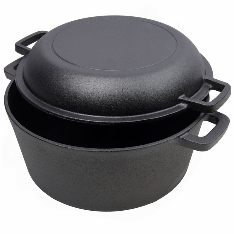 Étuve en fonte pré-assaisonnée 2 en 1 avec deux poignées, marmite extérieure pour foyer de camping, barbecue, feu de camp, 5 pintes, avec support à casseroles en fer 1pc.