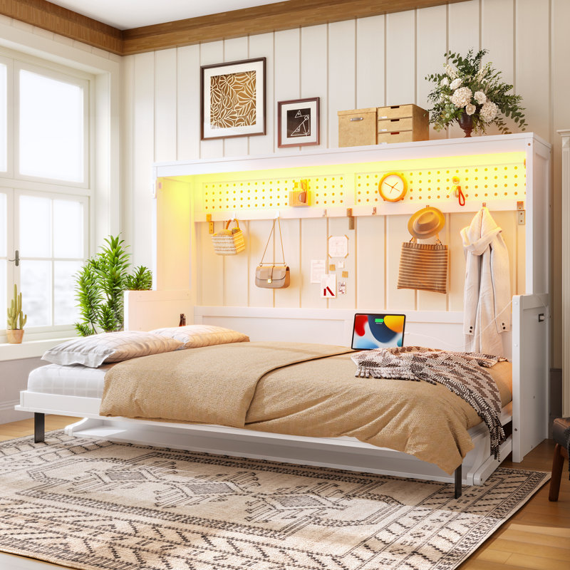 Lit escamotable double avec bureau, station de charge USB, lumières DEL, blanc, Lit double, Blanc