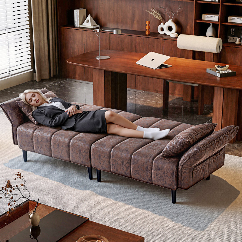 82.7'' Faux Leather Convertible Sofa, Mid Century Modern Leather Futon Sofa Bed with Adjustable Backrest Armrest & Storage Pocket