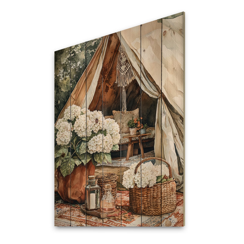 Boho Hydrangeas By The Boho Tent III - Hydrangea Wood Wall Art - On Natural Pine Wood, 40" H x 30" W x 0.78" D