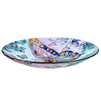 Icy Butterfly Hand-Painted Glass Birdbath, 18"