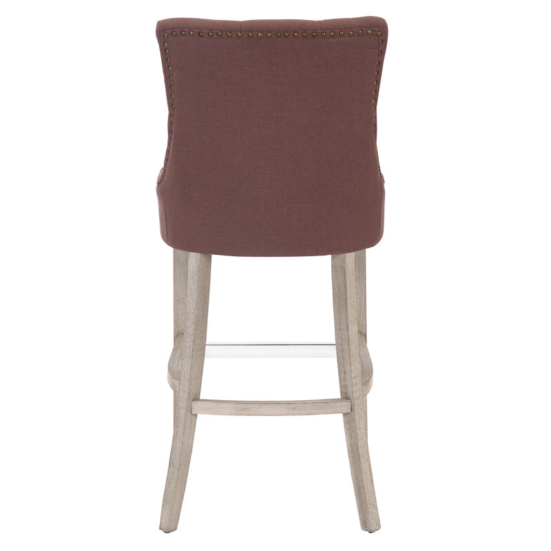 Linen Fabric Tufted Upholstered Counter Stool, Brown Linen/Antique Gray Frame, Bar Stool (29” Seat Height)