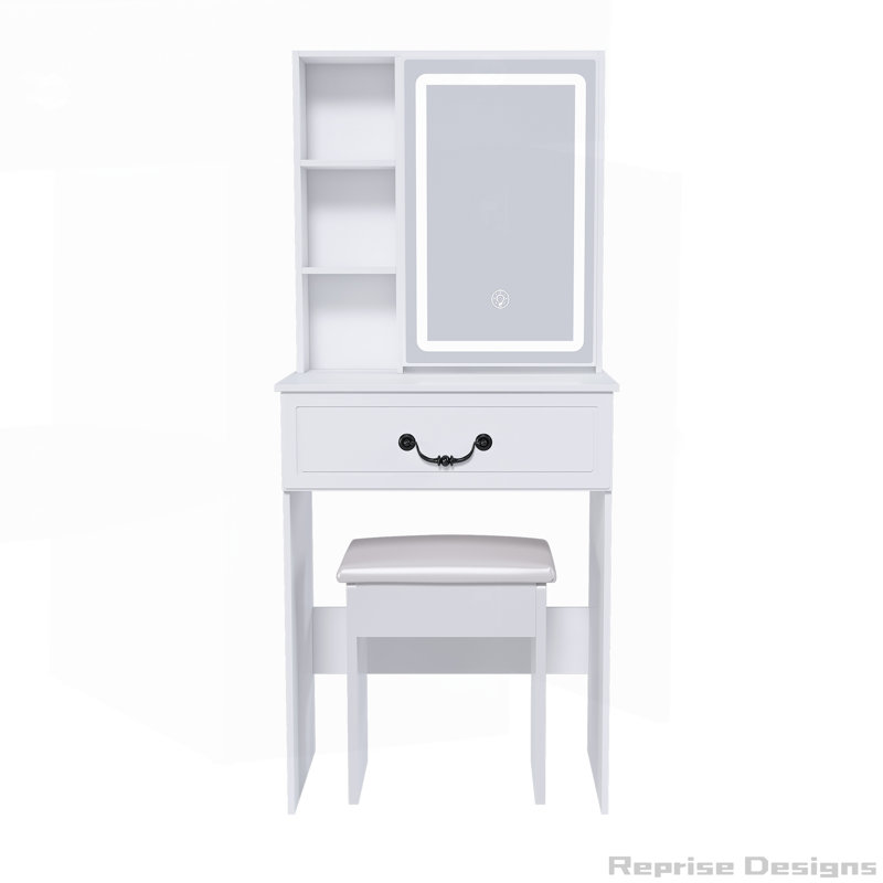 Modern Dressing Table with LED-lit Mirror and Hidden Storage