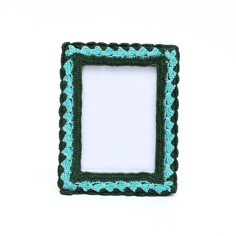 Handmade Multi-Colour Crochet Photo Frame for 4" x 6" Pictures - Boho Decorative Tabletop Frame, Green/Teal