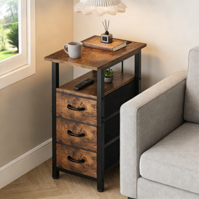 Narrow End Table With Charging Station, Slim Nightstand With 3 Fabric Drawers And Open Shelf, Space-Saving Side Table For Bedroom And Living Room