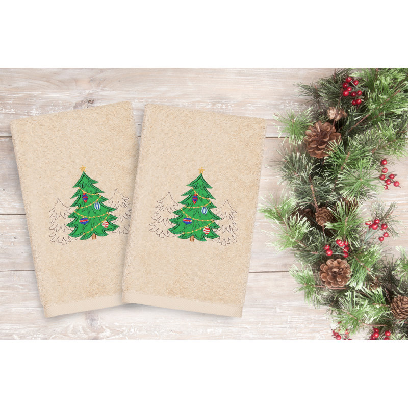Christmas Three Trees Embroidered Luxury Turkish Cotton Hand Towel, Sand