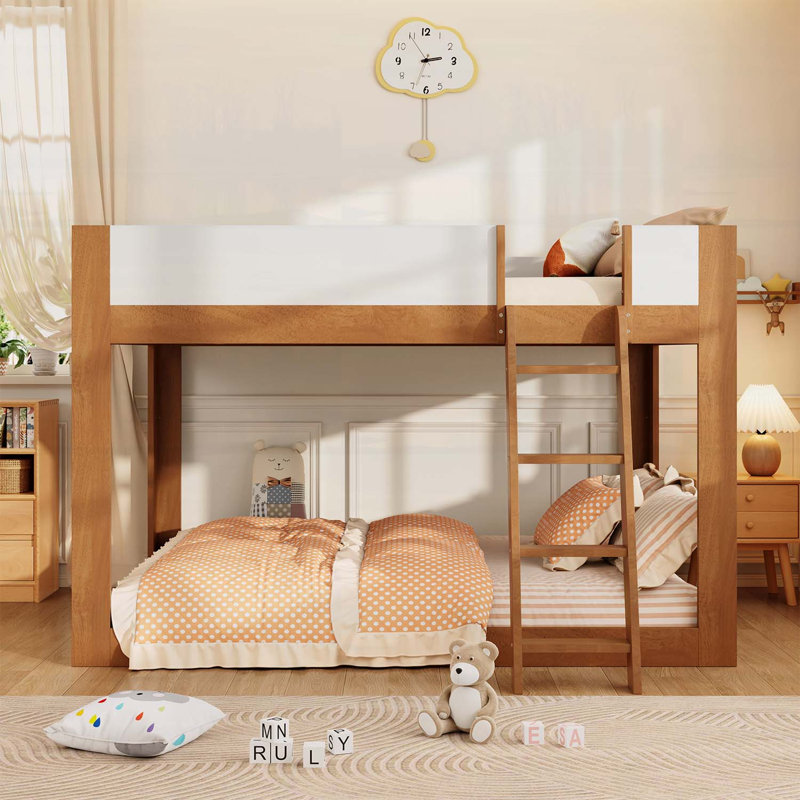 Grand lit superposé bas, lit superposé convertible en bois avec échelle réversible et garde-corps de sécurité, noyer