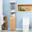 Armoire de salle de bain haute avec tiroir et tablettes à lattes, tour en lin de bambou mince avec porte à persiennes, naturel