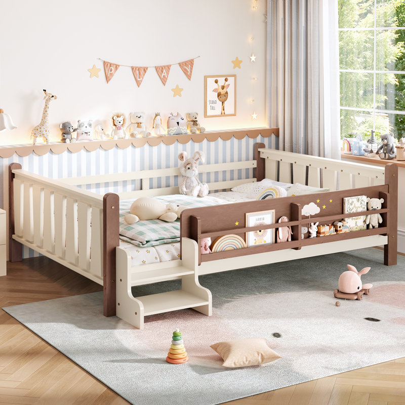 Queen Size Floor Bed With Storage Bookcases, Solid Wood Kids Floor Bed With Cute Stairs And Guardrails, No Box Spring Needed