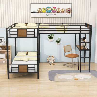 L-Shaped Twin & Twin Over Twin Bunk Bed With Desk And Shelves