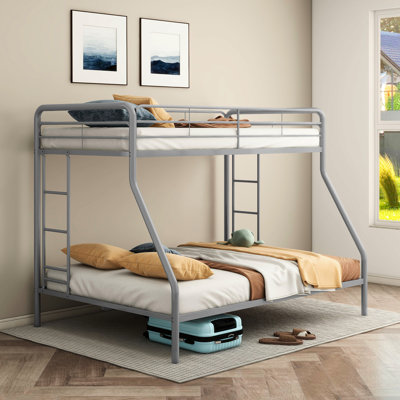 Twin Over Full Bunk Bed Made Of Metal, Glossy Silver, Built - In Ladders, Metal Slat Support, Guardrails For Bedroom Rest Silver Bed, Vertical Top Function