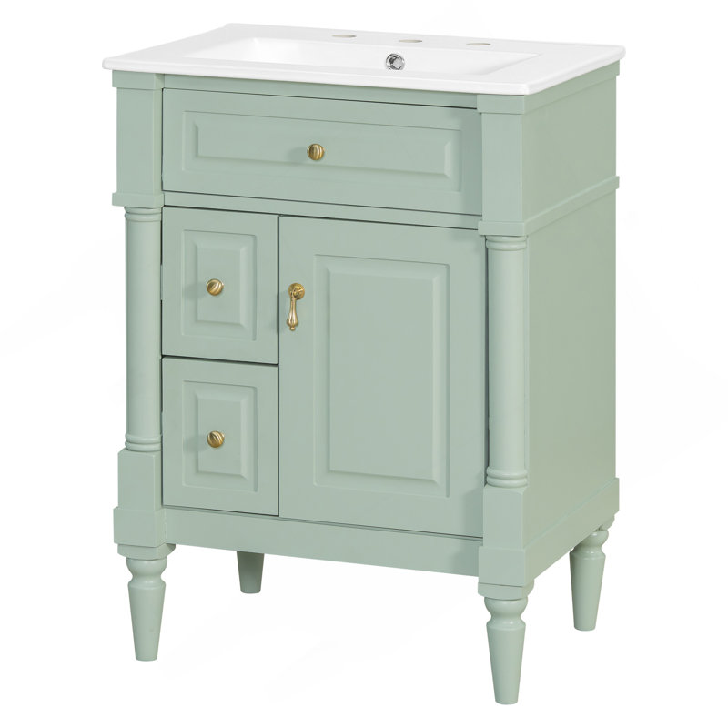 Meuble-lavabo de 24 po avec lavabo, armoire de salle de bain autoportante verte avec tiroir rabattable, tablette réglable, structure en bois d'hévéa massif, panneaux de fibres à densité moyenne et poignées en métal