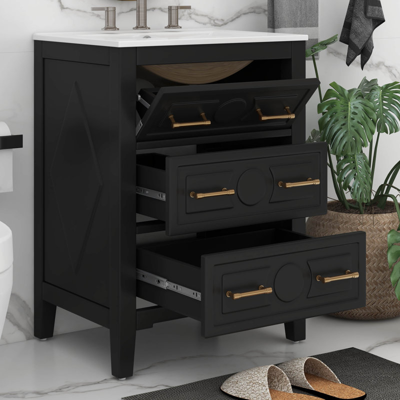Ensemble de meuble-lavabo simple 24 po avec 3 tiroirs, structure en bois massif 24 po, Noir