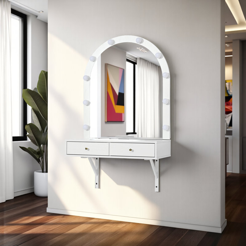 Wall-Mounted Floating Makeup Vanity with 3-Color LED Mirror, White