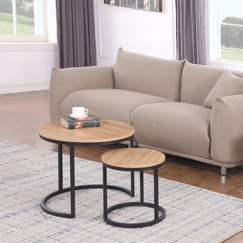 Table gigogne ronde 24 po, table basse d'appoint, finition bois de chêne naturel, peu encombrante, style industriel moderne