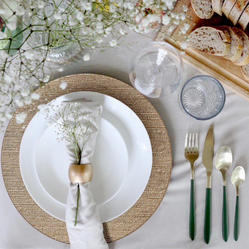 Argon Tableware - Ribbed Melamine Charger Plates with Coasters & Napkin Rings - 18 Piece Set, Gold