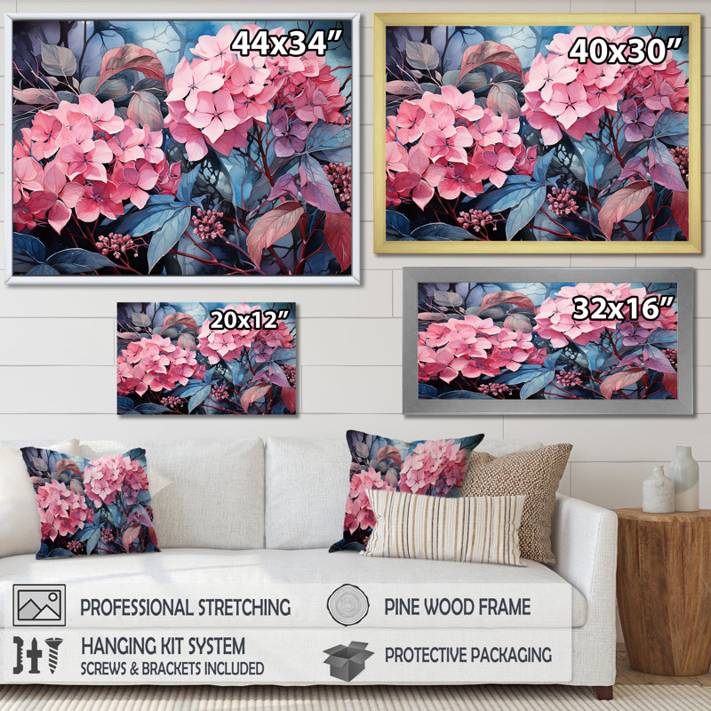 Rose, hibiscus tropical, élégance III - hortensia, art mural, H 16 po x l 32 po x P 1 po, Cadre d'angle fermé noir