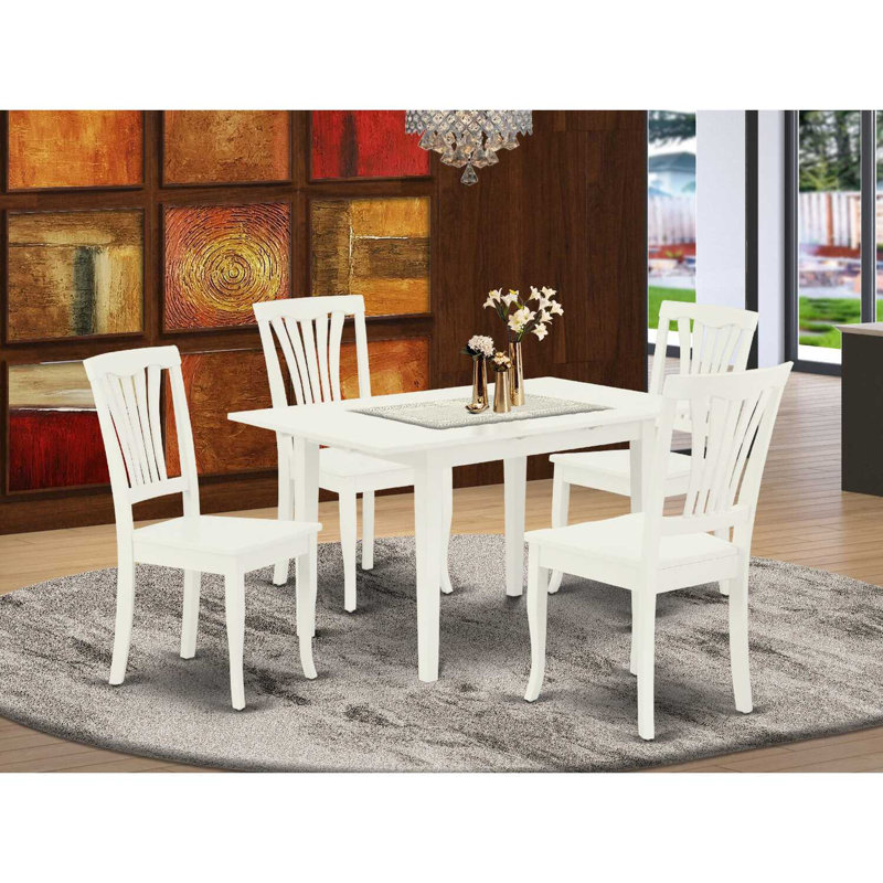 L'ensemble 5 pièces de table et chaises de cuisine comprend une table de salle à manger rectangulaire avec rallonge papillon et 4 chaises en bois massif, lin blanc