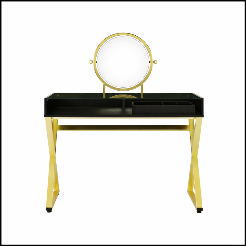 Bureau de coiffeuse Coleen avec miroir et plateau à bijoux, finition noire et dorée pour des routines de beauté élégantes