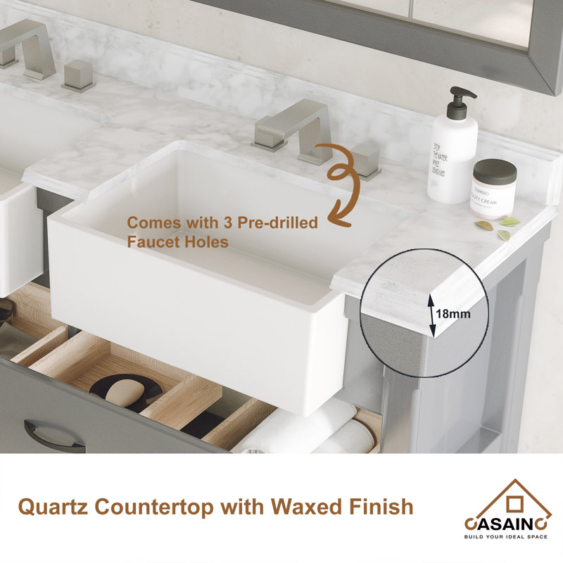 60'' Gray Solid Wood Double Bathroom Vanity with Quartz Top and Mirror