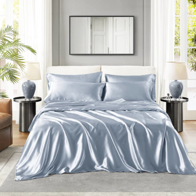 Blue Luxury 6 Pcs Satin Sheet - Wrinkle , Soft On Hair, With 1 Flat, Fitted And 4 Pillowcases, Silky
