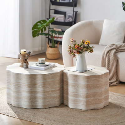 Lot de 2 tables basses rondes pour bureau ou appartement - Brun beige, minimaliste, bois d'ingénierie, sans montage, gain de place, entretien facile, facile à nettoyer, convient aux petits espaces et au salon.