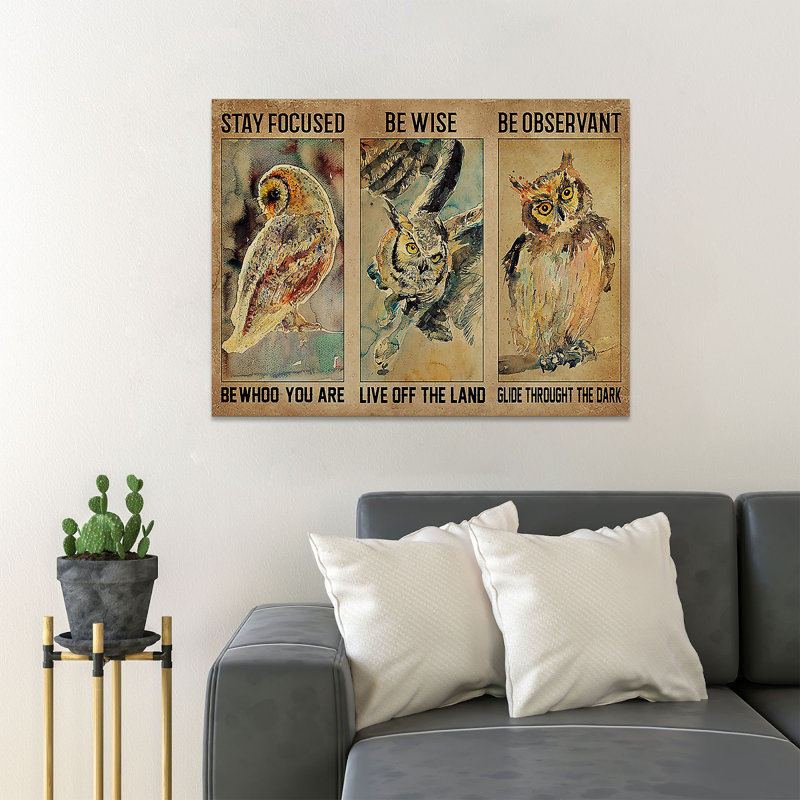 An Owl - Stay Focus Be Wise Be Observant - 1 pièce, impression d'art graphique rectangulaire sur toile tendue