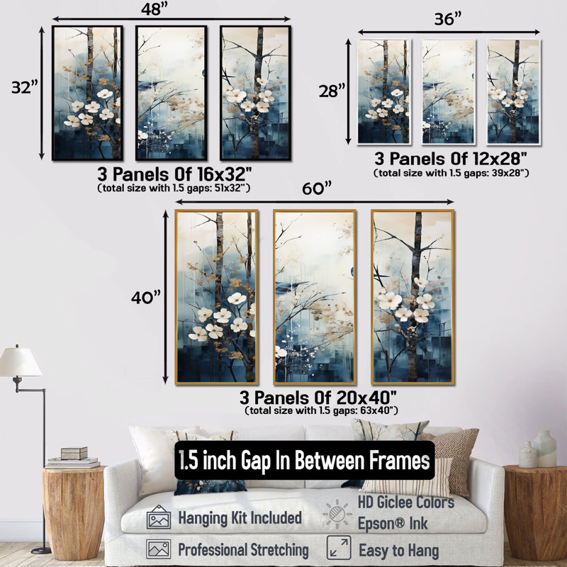 «Blue and White Forest Winter Harmony I», ensemble d'art sur toile, H 28 po x l 36 po x P 1 po, Cadre flottant noir