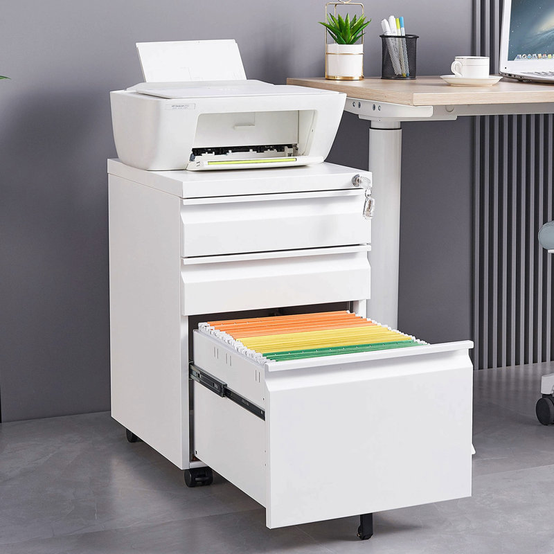 3-Drawer Mobile File Cabinet with Lock, 5 Wheels (2 Brakes + Anti-Tip),Cold Rolled Steel Fully Assembled Metal Filing Cabinet with Pen Tray & Hanging Bar for Home Office, Fits Letter/Legal/A4 Files