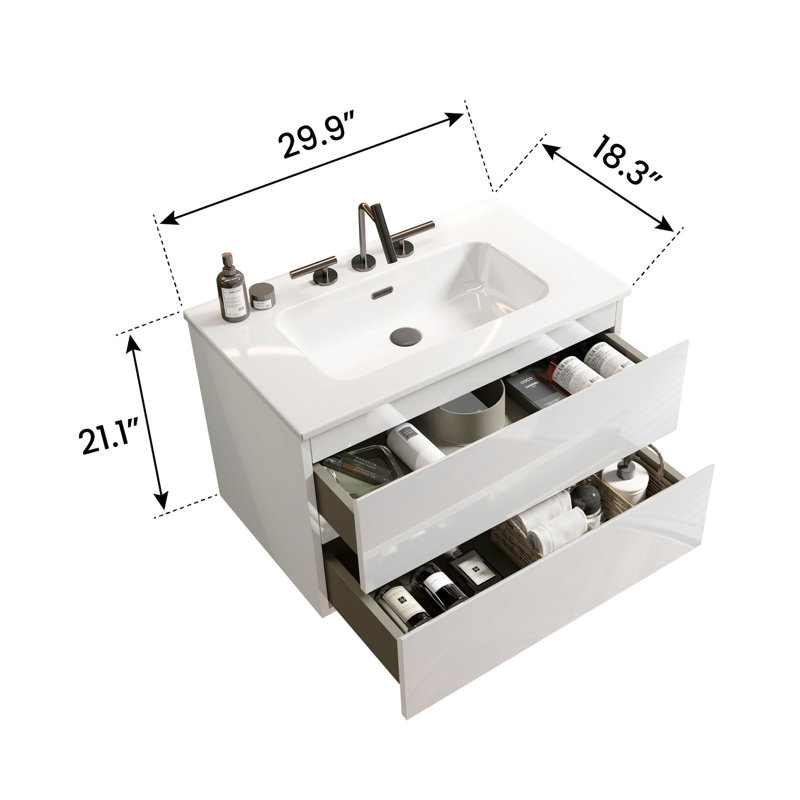 Meuble-lavabo moderne pour salle de bain blanc brillant - Fonction silencieuse et espace supplémentaire 24 po mural brillant avec évier en céramique et trois trous de tiroir