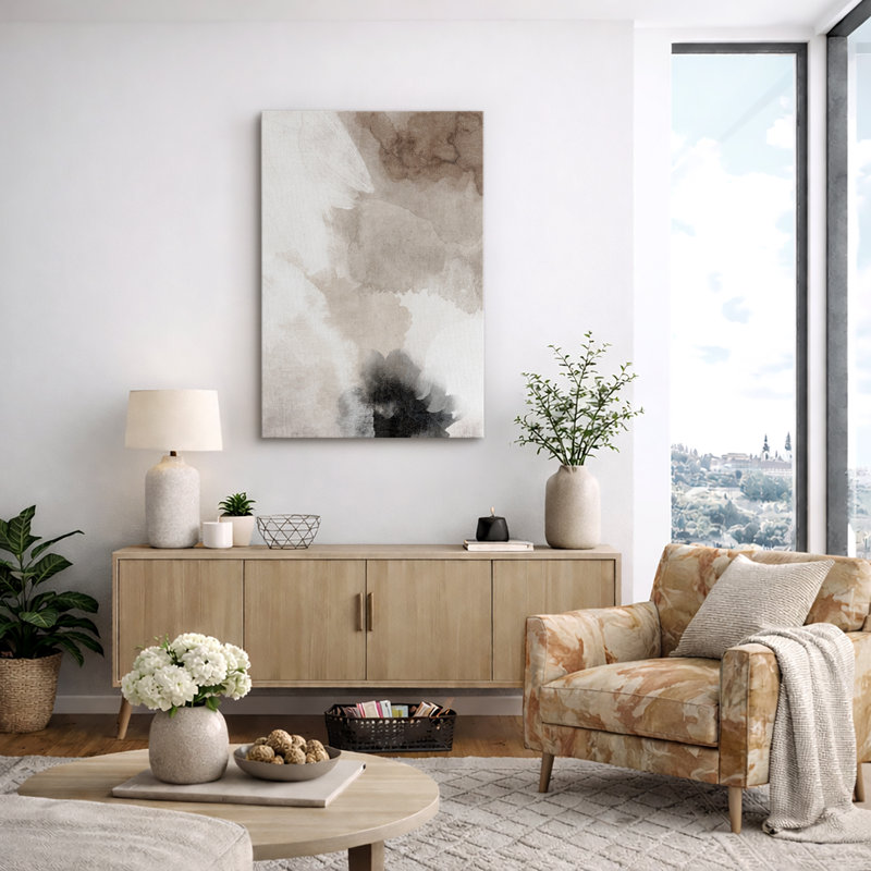 Grunge Abstract Paint Stroke Effect "Faded Tan And Gray Neutral Artwork, Minimalist Modern Contemporary Living Room Wall Pictures, Canvas Giclee Print Wall Art"