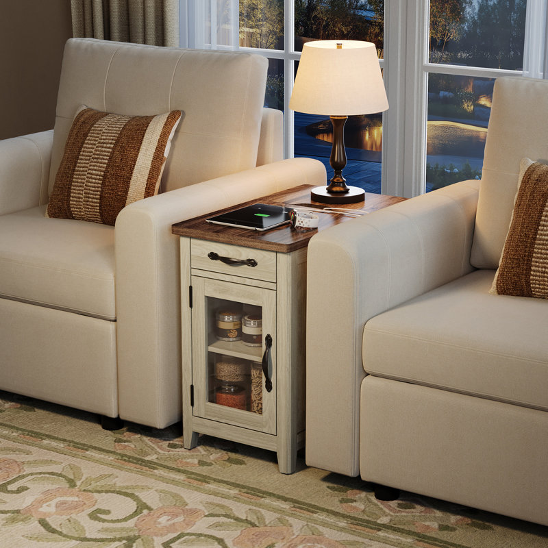 Table de bout Aneshia avec rangement et station de charge, Plateau brun / structure blanche