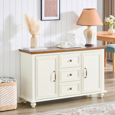 47.3" Mid Century Modern Sideboard Buffet Cabinet With Storage, Wood Storage Cabinet With 2 Doors And 3 Drawers For Kitchen Dining Living Room Entryway, Accent Console Table, Brown And White