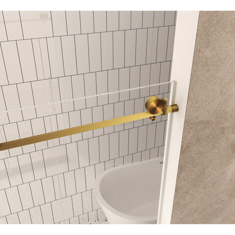 1/4"(6 Mm) Clear Tempered Glass Shower Door For Bathroom, American Design, Brushed Gold Stainless Steel Handle, - Proof Film, Large Wheels And Round Tracks, Easy To Clean Surface Bathroom 56 60"w X