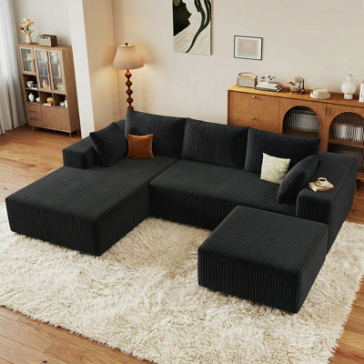 96" U Shaped Modular Sofa with Chaise, Cloud Boneless Comfort Sectional Sofa Couch, Modern Corduroy Deep Seat Couch, Convertible 4-Seater for Living Room