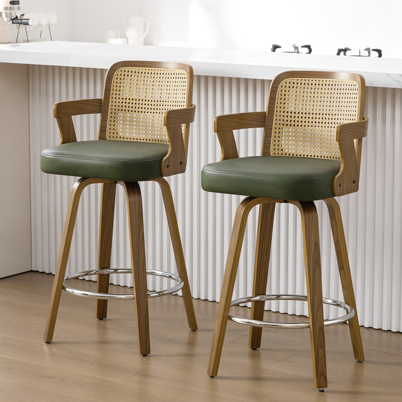 Upholstered Cane Back Counter & Bar Stool With Armrest, Green, Counter Stool (26" Seat Height), 2