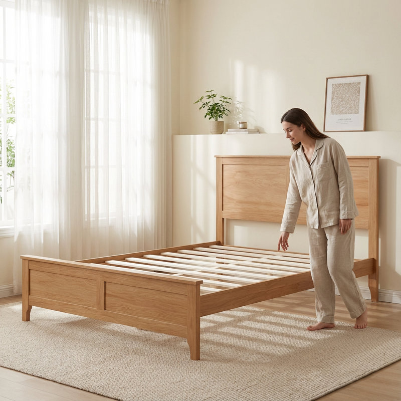 Lit plateforme moderne en bois massif avec support de lattes en bois robuste, pas de sommier tapissier, tête et pied de lit de conception simple et élégante, fabrication durable pour une utilisation durable