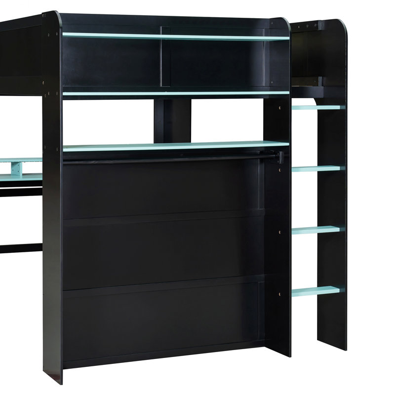 Lit superposé en bois avec bureau à hauteur réglable, garde-robe et lumière RVB