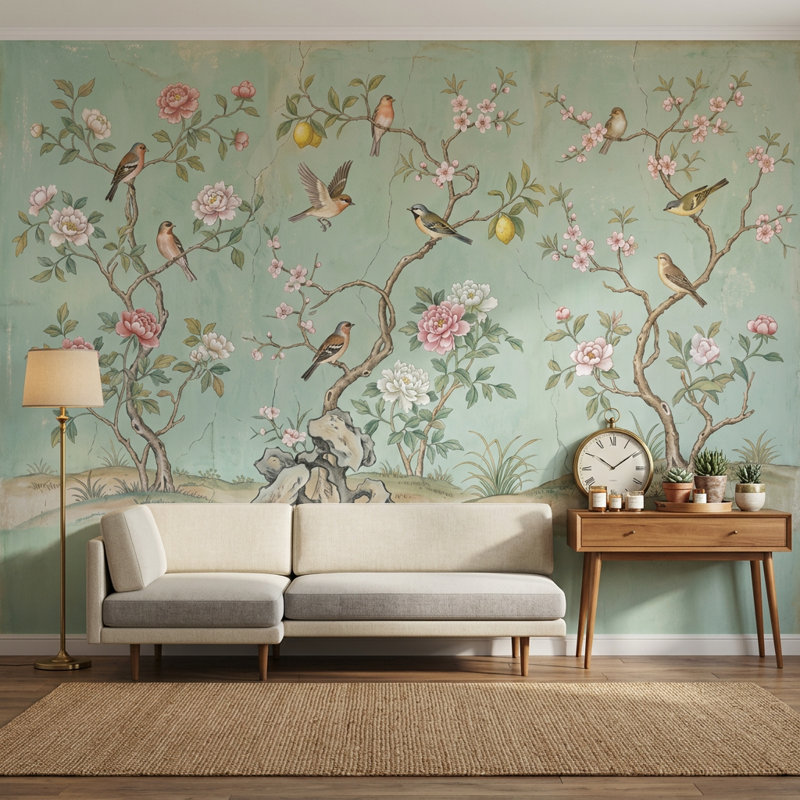 Papier peint mural rétro avec motif floral, sauge, fond vert, oiseaux sur branches, 140 po x 108 po, Non tissé